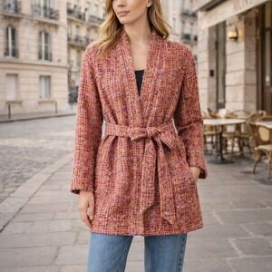 Pink Tweed Belted Open Front Jacket Wool Linen Blend XL Pilis Paris